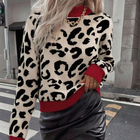 Multicolor Casual Women's Leopard Print Crew Neck Long Sleeve Pullover Sweater - Picture 5 of 5